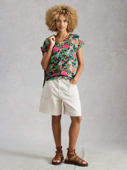 White Stuff Nelly Floral Notch Neck T-Shirt, Green/Multi, Green/Multi