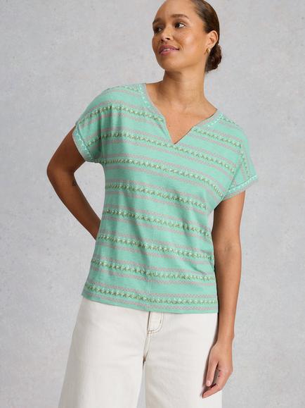 White Stuff Nellie Embroidered Notch Neck Cotton T-Shirt, Teal/Multi, Teal/Multi