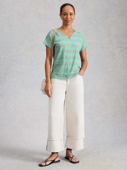 White Stuff Nellie Embroidered Notch Neck Cotton T-Shirt, Teal/Multi - view 2, Teal/Multi