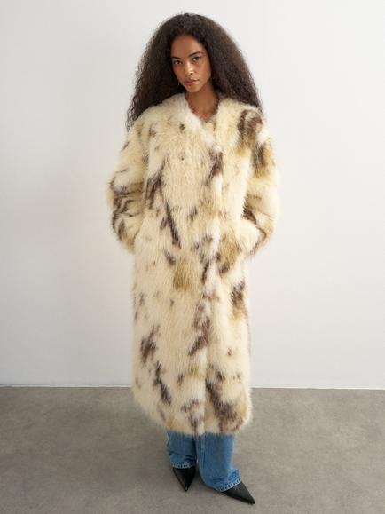 Topshop Faux Fur Abstract Animal Print Longline Coat, Cream/Brown, Cream/Brown