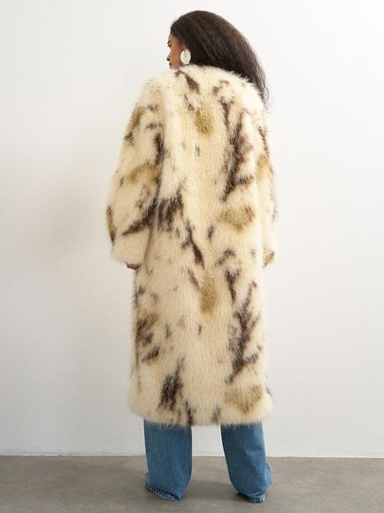 Topshop Faux Fur Abstract Animal Print Longline Coat, Cream/Brown - view 2, Cream/Brown