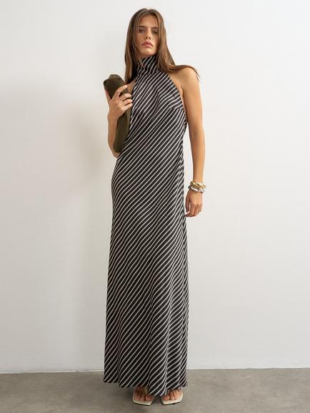 Topshop Striped Satin Halterneck Maxi Dress, Chocolate/White, Chocolate/White