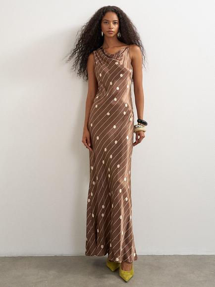 Topshop Sleeveless Polka Dot Satin Maxi Dress, Chocolate/White, Chocolate/White