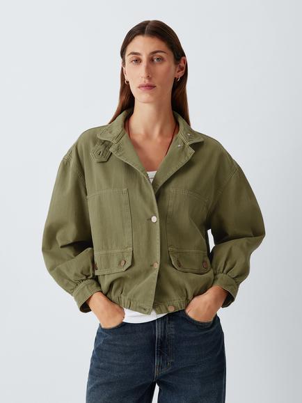 AND/OR Pure Cotton High Neck Pocket Utility Jacket, Khaki, Khaki