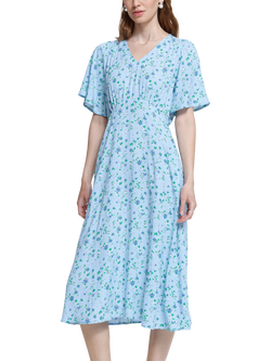ICHI Ihvera Floral V-Neck Cinched Waist Midi Dress containing LENZING™ ECOVERO™ Viscose, Blue