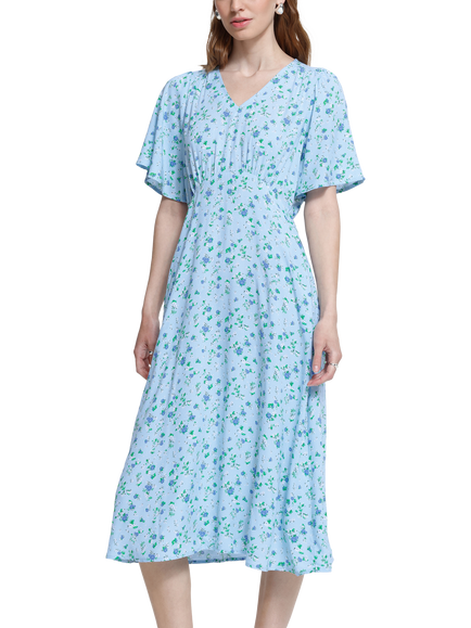 ICHI Ihvera Floral V-Neck Cinched Waist Midi Dress containing LENZING™ ECOVERO™ Viscose, Blue