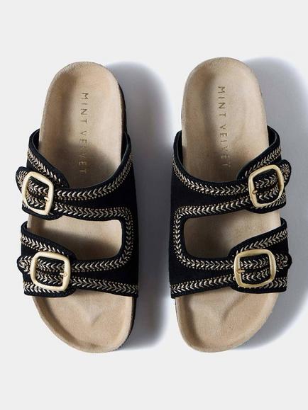 Mint Velvet  Ava Suede Beaded Sandals, Black - view 2, Black