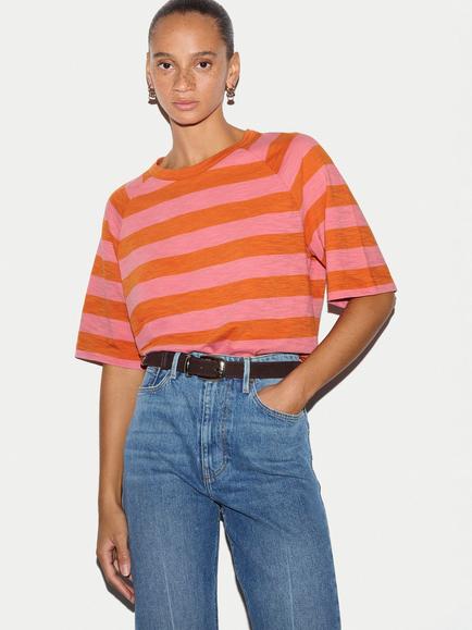 Jigsaw Cotton Slub Striped Boxy Raglan T-Shirt, Pink/Orange, Pink/Orange