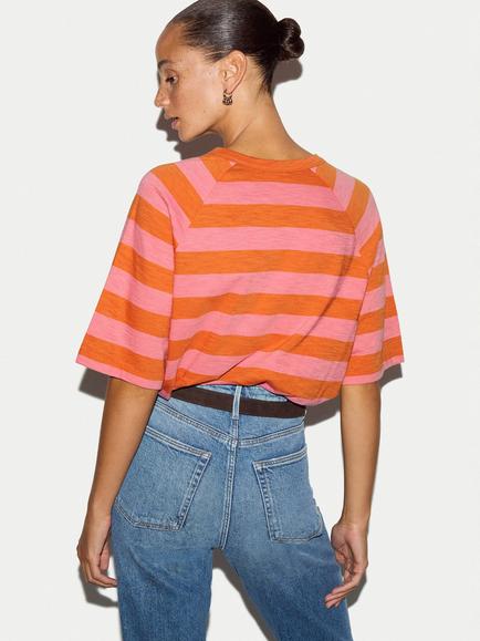 Jigsaw Cotton Slub Striped Boxy Raglan T-Shirt, Pink/Orange - view 2, Pink/Orange