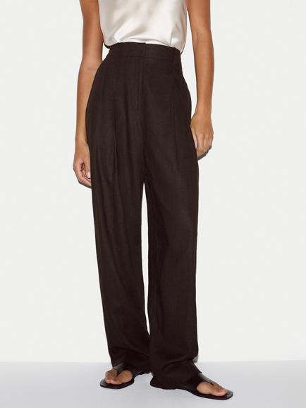 Jigsaw Linen Blend Structured Pleated Trousers, Brown, Brown