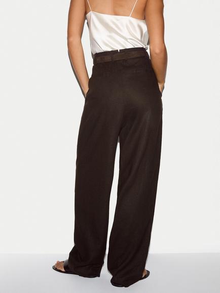 Jigsaw Linen Blend Structured Pleated Trousers, Brown - view 2, Brown