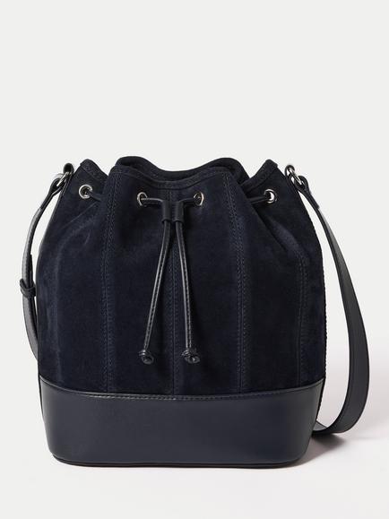 Jigsaw Leather Drawstring Bucket Bag, Navy