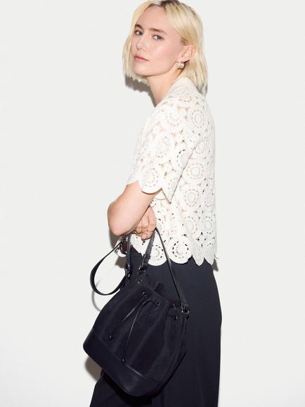 Jigsaw Leather Drawstring Bucket Bag - view 2, Navy