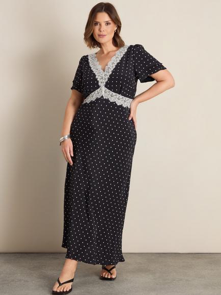 Live Unlimited Curve Polka Dot Lace Insert Maxi Dress, Black, Black