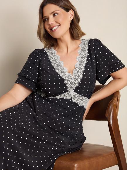 Live Unlimited Curve Polka Dot Lace Insert Maxi Dress, Black - view 2, Black