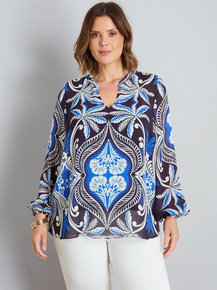 Live Unlimited Nehru Collar Blouson Long Sleeve Blouse, Blue, Blue