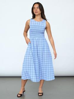 Sisters Point Eliba Check Smocked Midi Dress, Blue, Blue