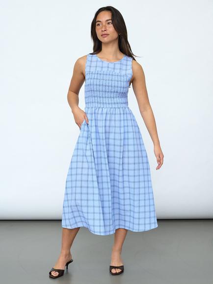 Sisters Point Eliba Check Smocked Midi Dress, Blue, Blue
