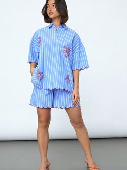 Sisters Point Ella Striped Floral Embroidered Shirt, Blue, Blue