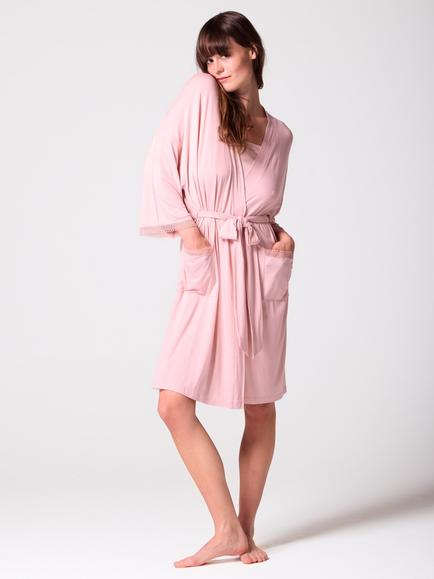 Mamu Anna Lace Kimono Robe, Pink, Pink