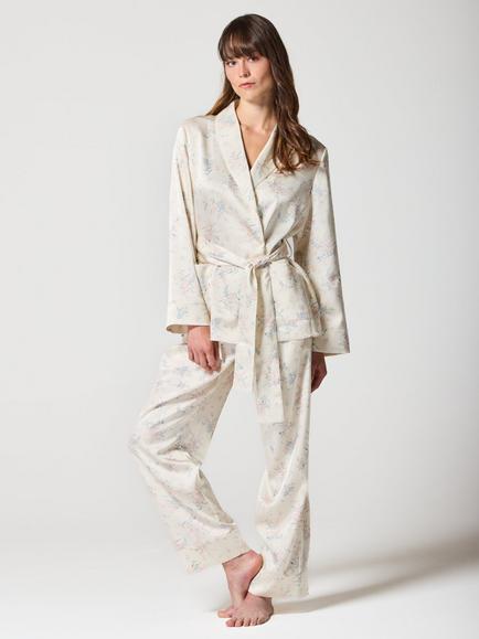 Mamu Floral Long Satin Pyjama Set, Ivory, Ivory