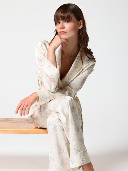 Mamu Floral Long Satin Pyjama Set, Ivory - view 2, Ivory