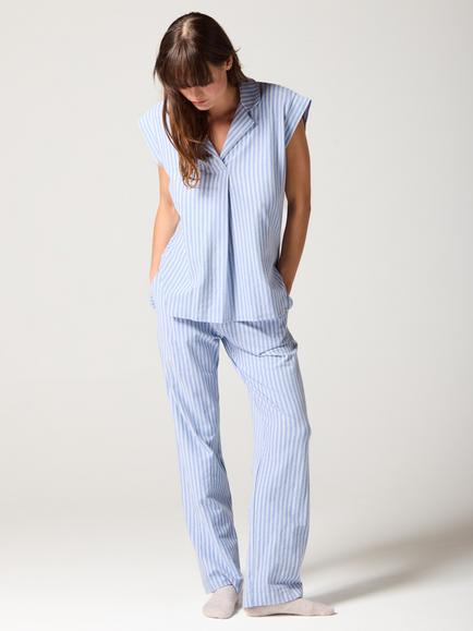 Mamu Stripe Long Cotton Pyjama Set, Blue - view 2, Blue