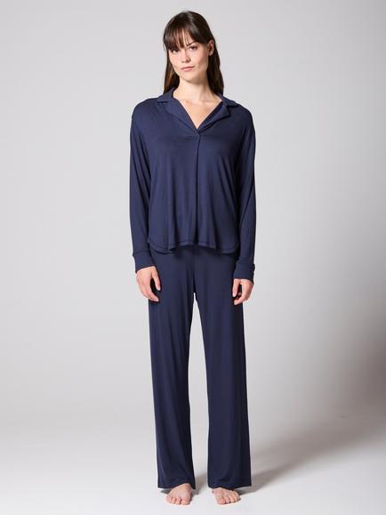 Mamu Button Through Long Pyjama Set, Navy, Navy