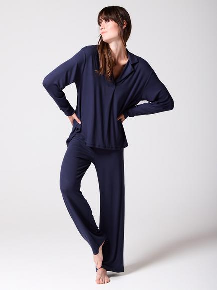 Mamu Button Through Long Pyjama Set, Navy - view 2, Navy