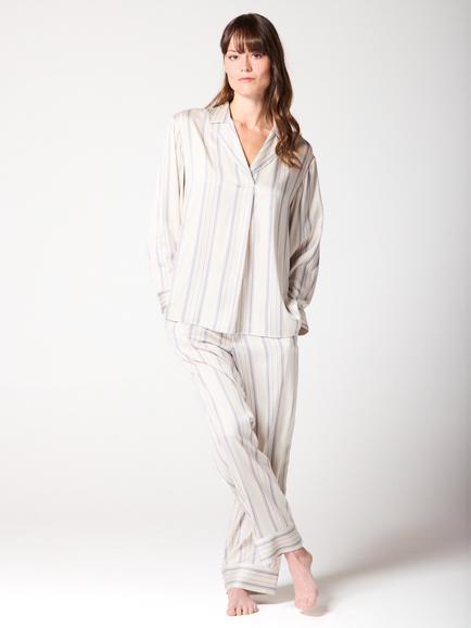 Mamu Stripe Long Satin Pyjama Set, Ivory, Ivory
