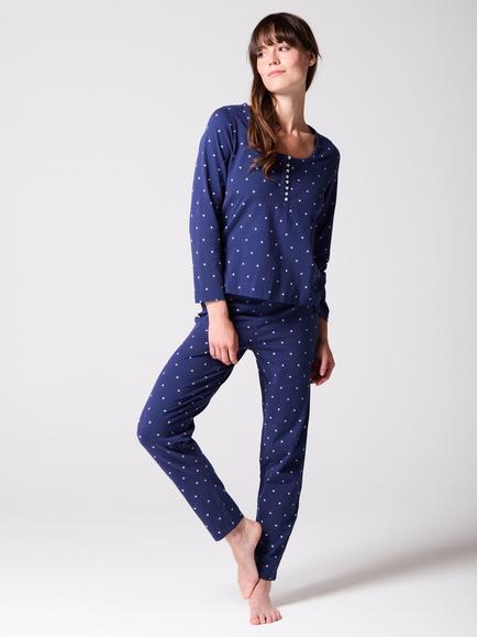 Mamu Slim Long Cotton Blend Pyjama Set, Navy - view 2, Navy