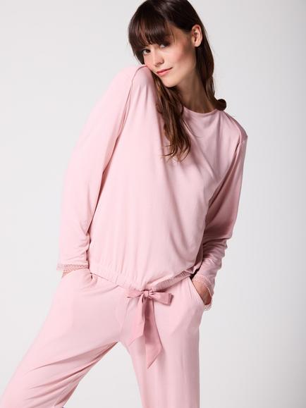 Mamu Tie Hem Long Pyjama Set, Pink - view 2, Pink