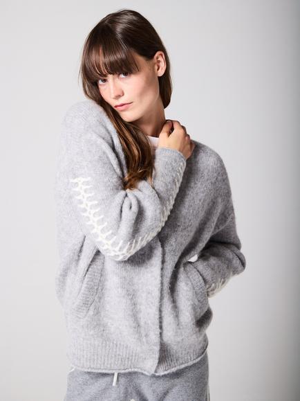 Mamu Stitch Sleeve Cardigan, Grey - view 2, Grey