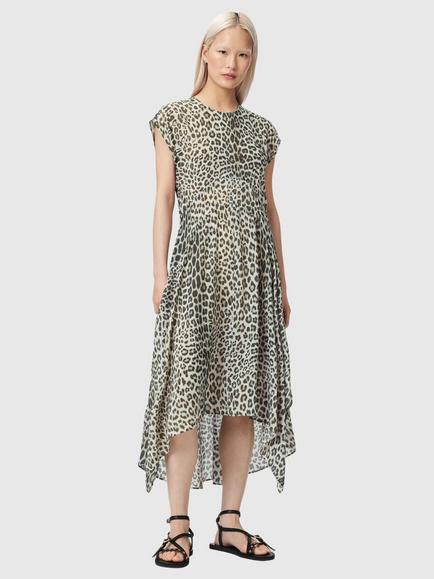 AllSaints Arwen High Low Midi Dress containing LENZING™ ECOVERO™ Viscose, Snow Leopard