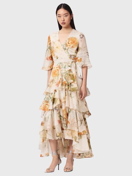 AllSaints Camellia Floral Print Tiered Maxi Dress containing LENZING™ ECOVERO™ Viscose, White, White