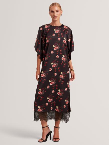 Ted Baker Meeiaa Short Sleeve Floral Print Midi Dress, Black/Red, Black/Red