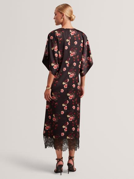 Ted Baker Meeiaa Short Sleeve Floral Print Midi Dress, Black/Red - view 2, Black/Red