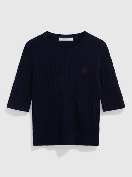 Gerard Darel Raisa Cable Knit Short Sleeve Jumper, Navy - view 2, Navy