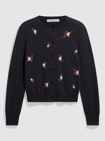 Gerard Darel RAYMONDE Pure Wool Floral Cardigan, Charcoal, Charcoal