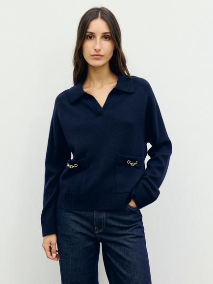 Gerard Darel Reni Pure Wool Collared Jumper, Navy, Navy