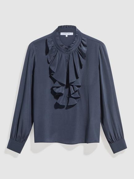 Gerard Darel Loan Ruffle Silk Blouse, Navy