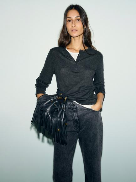 Gerard Darel Henley Becca Layered Long Sleeve Top, Charcoal, Charcoal