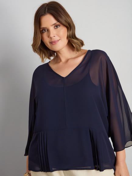 Live Unlimited Peplum V- Neck Overlay Top, Black, Black
