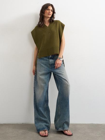 Topshop Knot Tie Sleeveless Knit Vest, Khaki, Khaki