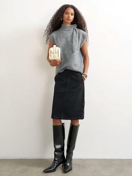 Topshop Tie Neck Cap Sleeve Knit Fleece Top, Grey, Grey