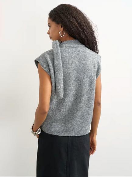 Topshop Tie Neck Cap Sleeve Knit Fleece Top, Grey - view 2, Grey
