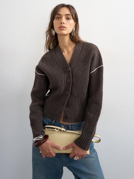 Topshop Button Down V-Neck Rib Knit Cardigan, Brown, Brown