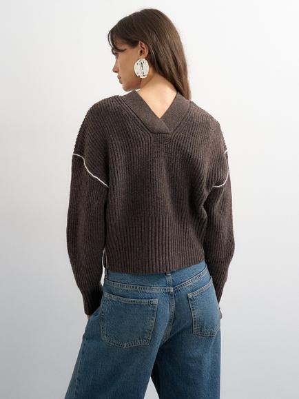 Topshop Button Down V-Neck Rib Knit Cardigan, Brown - view 2, Brown