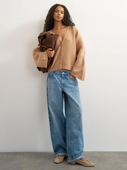 Topshop V-Neck Rib Knit Cardigan, Tan, Tan