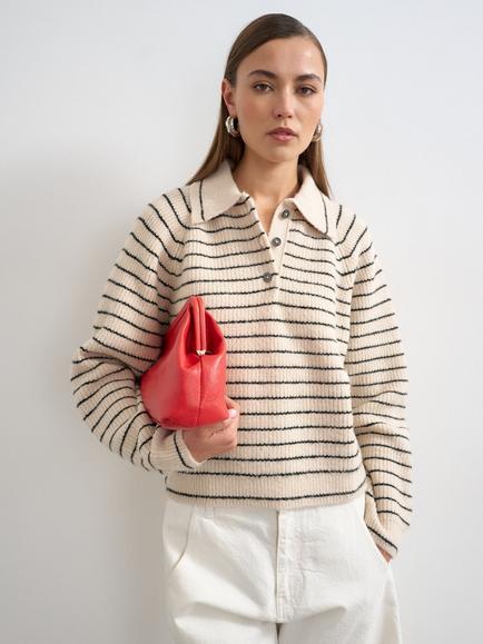 Topshop Striped Rib Knit Polo Jumper, Cream, Cream